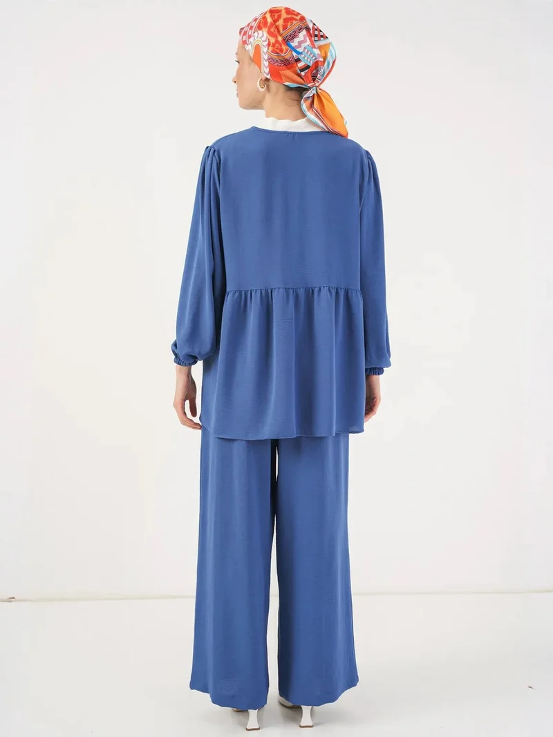 Big Dart Oxford Blue BDART Crew Neck Long Tunic and Wide Leg Pants Set for Women | Best Price UAE